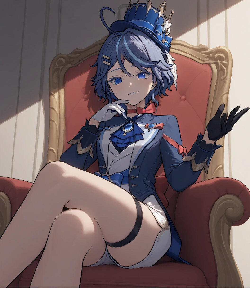 ((shiny blue hair)),((blue eyelashes and voluminous hair),(Curled Hair),((White suit)),((mafia style suit)),(wearing a jacket over&#39;Shoulder),((Handgun in hand)),Slight red tide,(Happy smile),((White tight skirt)),(Long black boots),((white hat with a black band and white horns or ears)),((white hat with ears)),(A hellish disaster like the demon world々A WORLD),((shining chandelier)),