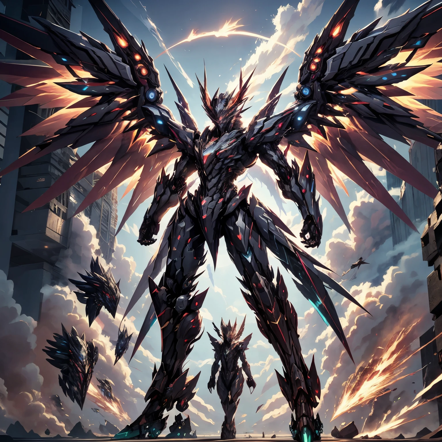 ((best quality)), absurdres, ((ultra high res)), mecha with wings, large wings, dramatic lighting, extremely detailed,