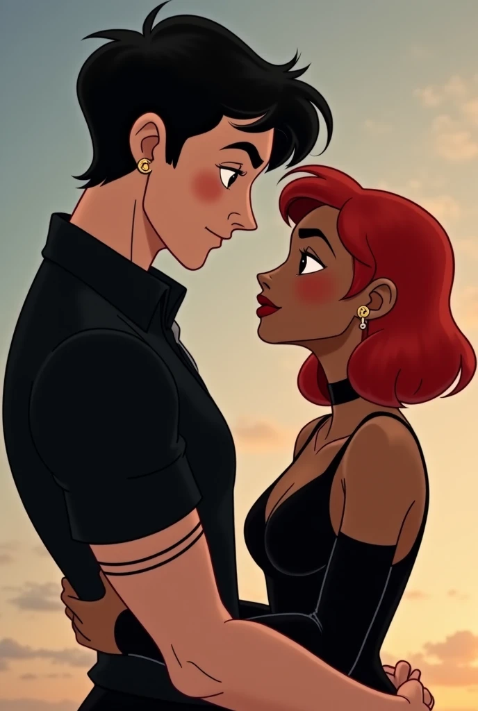 She has long curly hair, bright olive skin and striking, light yellow eyes., curvy body with wide hips and full lips dressed in a sheath dress.
He has short light brown hair, a sculpted jaw, a tattooed body and striking green eyes. He is so handsome that he looks like the actor who played Clark Kent but younger..
They are facing each other, she has her arms crossed and he has a mocking smile.. animated cartoon.