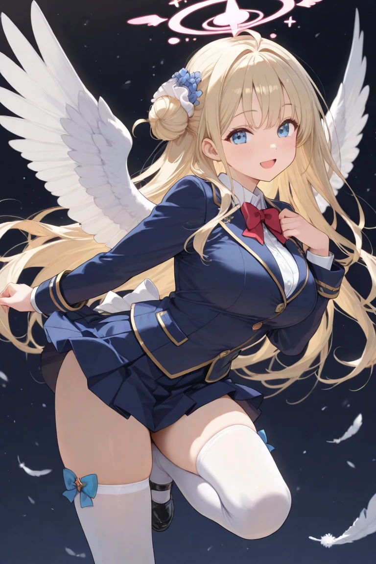 cowboy shot, filo, 1girl, solo, blond hair,embarrassed, closed mouth, flat chest,skinny,short stature,white wings, hite dress, blue bow, long hair, blue eyes, looking at viewer, parted bangs, bent over,(from below:1.3),(skirt lift:1.5), ((skirt grabs:1.3)),panty shot,top-quality,Top image quality,perfect anatomy,masterpiece,ultra-detailliert,Beautiful,ultra-quality, best quality,high resolution, ultra-detailed,game cg,dutch angle ,beautiful detailed eyes,visualart,five fingers, perfect hands