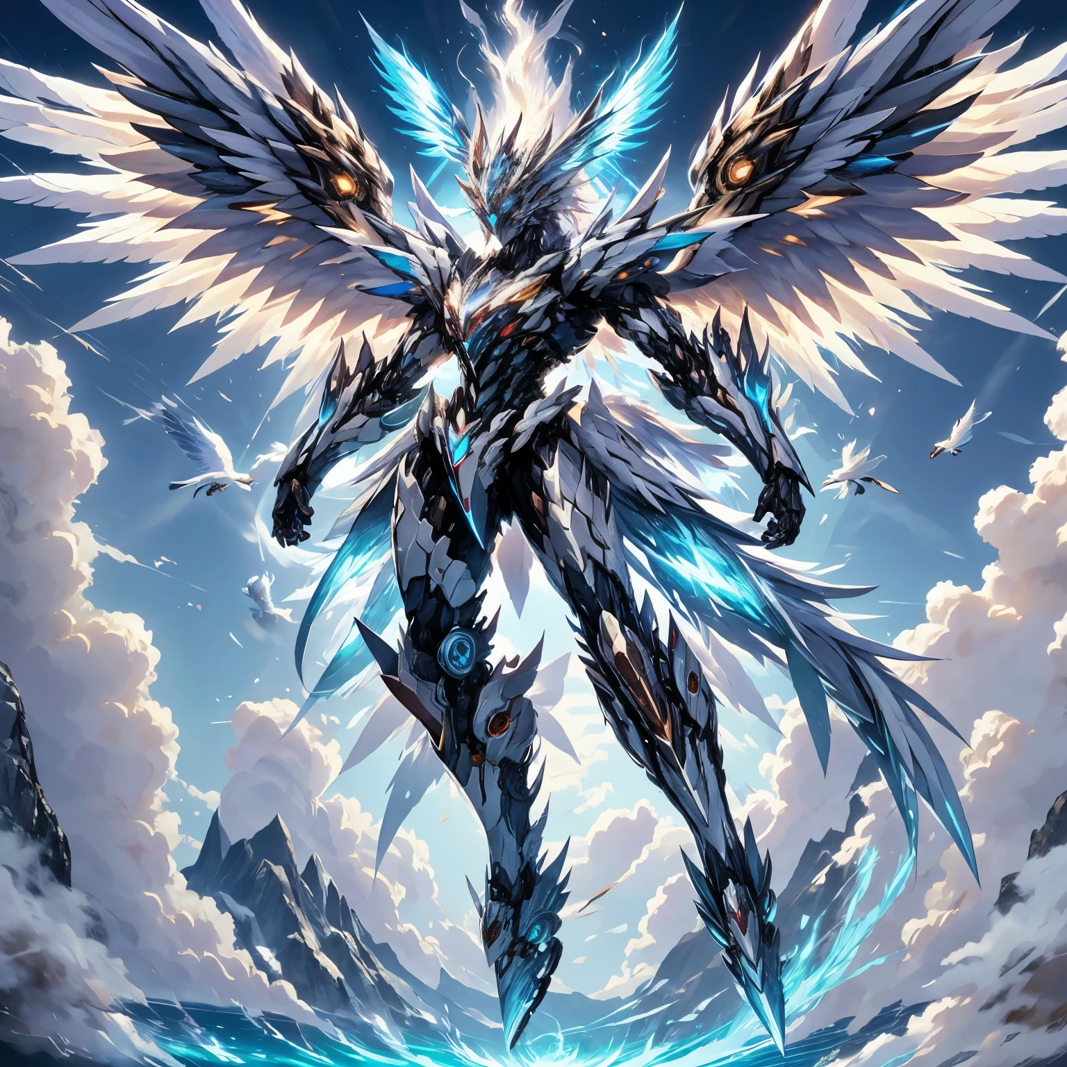 ((best quality)), absurdres, ((ultra high res)), mecha with angel wings, large feathered wings, white wings, angelic halo, paradise, heaven, white mecha dramatic lighting, extremely detailed, 