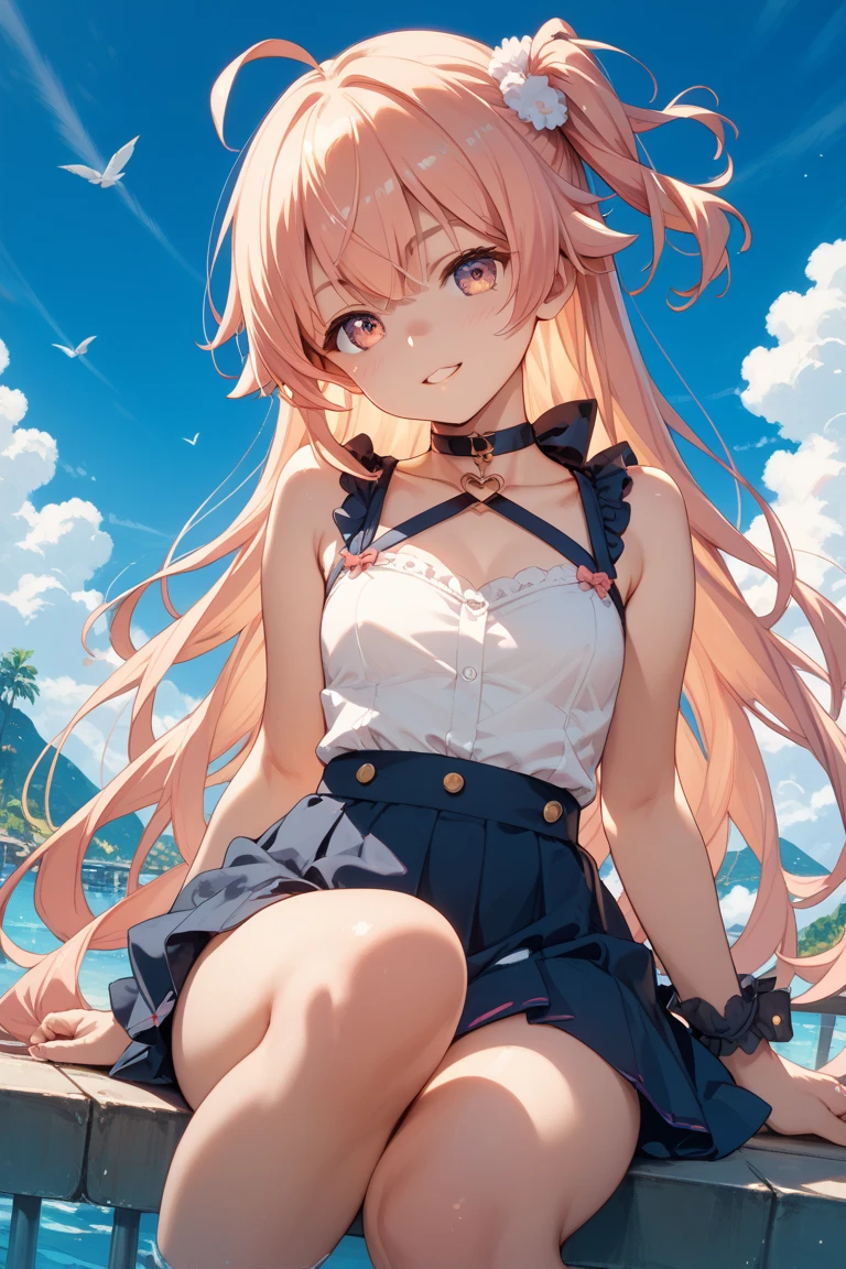 mizuki yukikaze, hair ribbon,
BREAK (blue suit with red bow tie:1.2),
BREAK fishnet, big breasts, sitting, beach, beach chair, looking at you, smile,
BREAK (art: 1.2), best quality, high resolution, 8k unitary, (illustration: 0.8), (beautiful detailed eyes: 1.6), extremely detailed face, perfect lighting, extremely detailed in CG, (perfect hands, perfect ???????),
