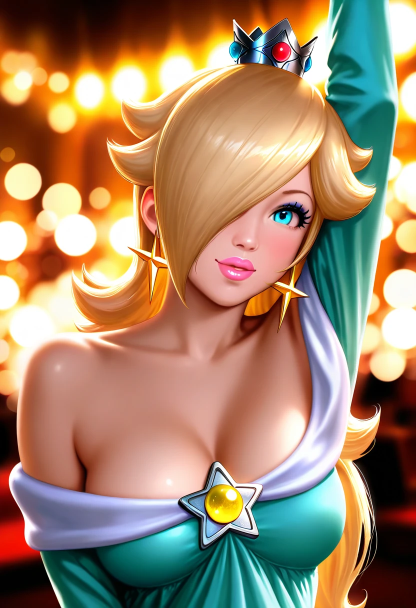 ((masterpiece)), ((best quality)), (detailed), perfect, solo, rosalina, gorgeous woman with bikini, luscious lips, long hair, huge breast, deep cleavage, huge breasts, sexy, (((Rosalina like a a busty pornstar))), (((paizuri specialist pornstar))), (((fuckable breasts))), (((breasts facing the viewer))), (((in a nightclub with neon red lights))), (((hot cleavage))), (((hot breasts))), (((breasts Focus))), (((paizuri invitation)))