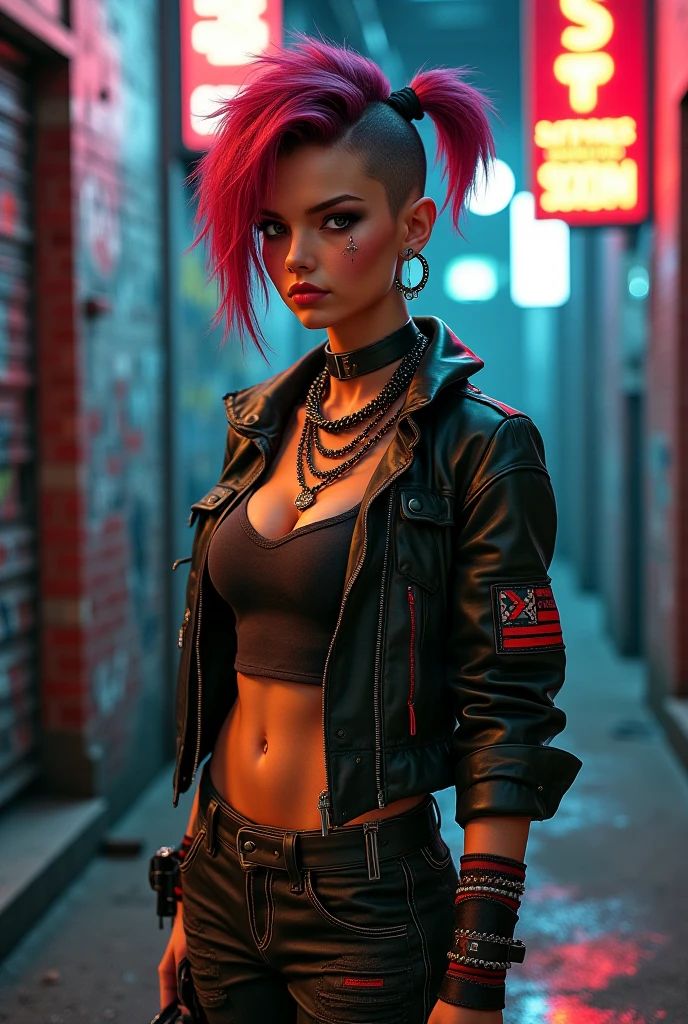 A punkgirl by best tradition artgerm, their vibrant spiky hair and bold piercings conveying a sense of defiance and attitude. Perfect composition art by Yoji Shinkawa. The torn fishnet stockings and leather jacket further emphasize their rebellious nature future streetwear design. This image, whether a painting or photograph, captures the minimalistic essence of rebellion in exquisite detail. hands and neck with Multiple tattoos painting by Katsushika Hokusai's. The colors are vivid, the textures sharp, and the expression fierce. The lighting creates a chiaroscuro effect, accentuating her expressive pose and the intense atmosphere. cinematic, trending on artstation, perfect eyes. awesome full color, hand drawn, stylized digital art, smooth, ultra high definition, 8k, unreal engine 5,