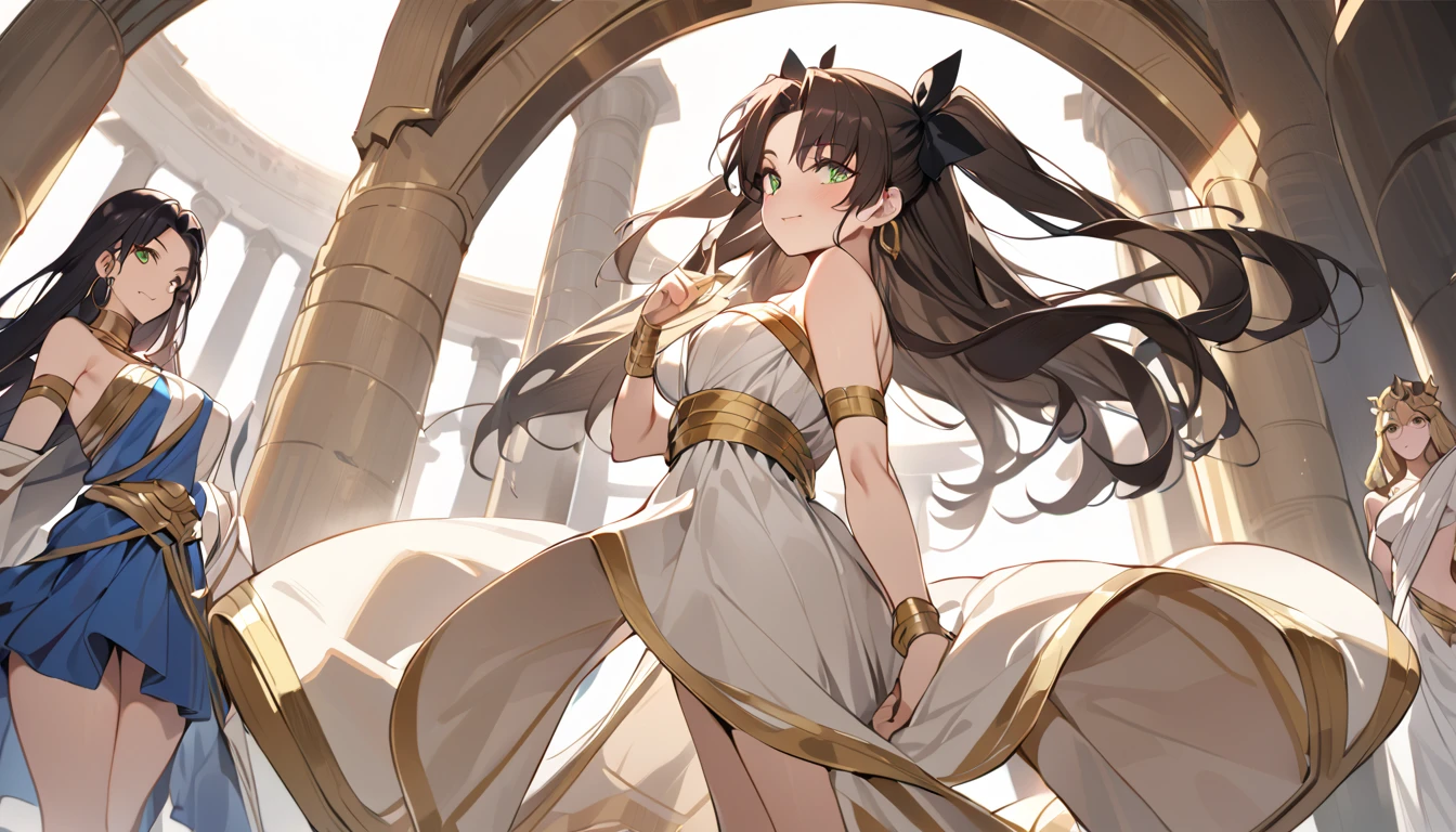 ((Best Quality)), ((masterpiece)), ( details), (completely complete)、The woman(ishtar(fate))is, and wear a white Doric style chiton from ancient Greece, M、 in ancient Greek mythology , Women are in the temple and other goddesses and male gods々 medium blond hair and green eyes .