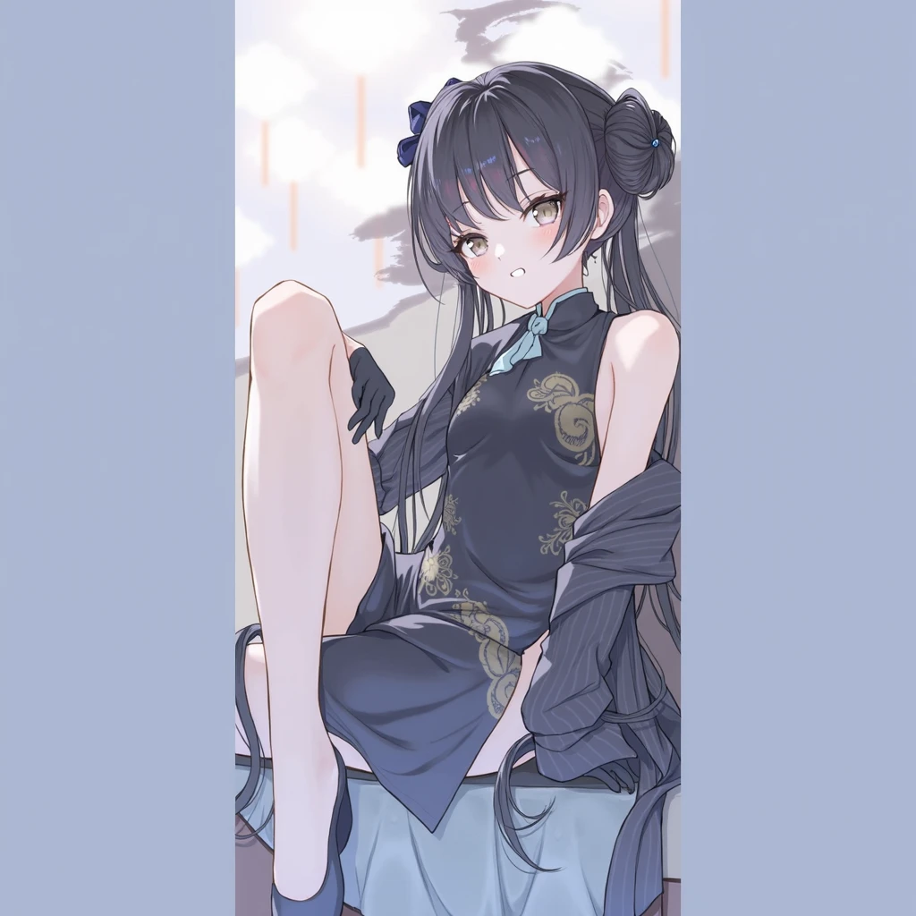 Takada Rokka, rich back lane, Black Hair, blue eyes, Long Hair, List scrunchie,smile,blush,Sleeveless purple white Chinese dress,Long slit,Black pantyhose,Stiletto heels,Walking,
break looking at viewer, whole body, 　　　　　　　　break indoors, Chinese style room,　　　　　　　　　　 　　　break (masterpiece:1.2), Highest quality, High resolution, unity 8k wallpaper, (shape:0.8), (Beautiful and beautiful eyes:1.6), Highly detailed face, Perfect lighting, Highly detailed CG, (Perfect hands, Perfect Anatomy),