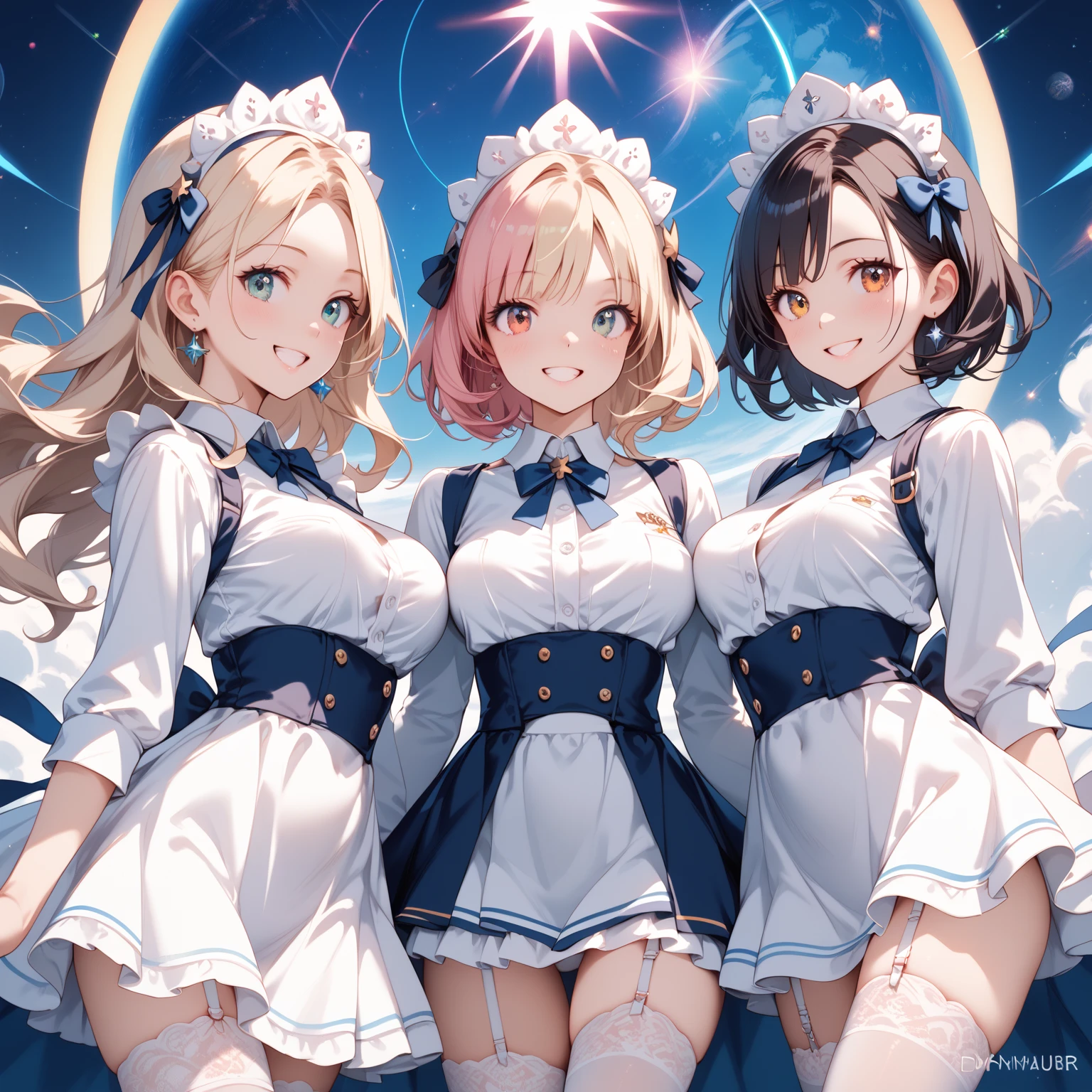 Highest quality, Super detailed, (Ultra-high resolution,8k), Ultra-high definition 4K, (Perfect Anatomy, Anatomically correct), (Three pure married shrine maidens), Shrine maiden costume, (A peaceful moment), (High-quality facial beauty), (宙に舞うDandelion fluffの中で:), (Photorealistic), (Detailed big breasts), Soft Skin, Glowing Skin, Bright lighting, 非常に激Shii雨, colorful, god々Shii, A sparkling smile, Dandelion fluff
