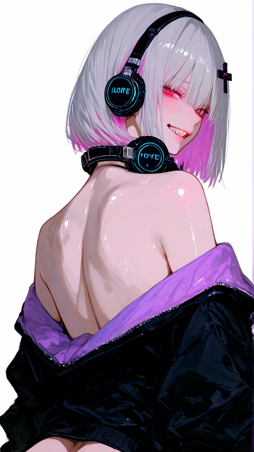 (best qualityer,4K,8K,high resolution,work of art:1.2),ultra detali, anime styling, Vapor wave aesthetics, line art, Breasts huge, boba, Thick and skinny waifu:1.5, bikini with harness, purple and hot pink background, SUNSET, erotic pose:1.5, using large headphones, Waifu, seductive expression:1.2, ssmile
