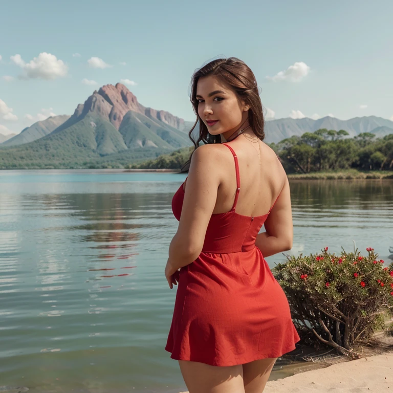 Araffe dress,Red dressRed wearing a short dress (white),Crocodile nearbya mountain of water near the Crocodiles nearby.light green, shining flowers,Red skywearing a suit (white), lipstick (pink)White flowersEscasamente vestido.Smooth sky model Hermosa figuracuerpo voluptuoso curvy hermosas sonrisa seductora Retrato Gabriella Lin Rojo Orange dress Red