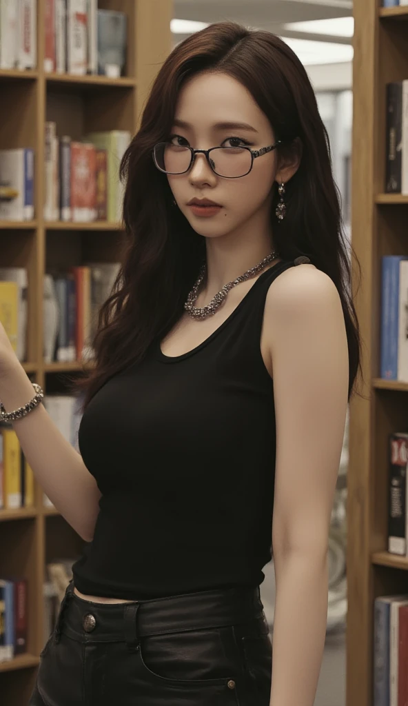 girl bring a pile of book, BREAK, 1girl, see-through zipper blouse, detailed face, (holding pile of book:1.2), very long hair, absurdly long hair, standing, inside library, looking at viewer, beautiful girl, brown skin, platinum red hair, purple eyes, smirk, (dramatic light, cinematic scene:1.2),