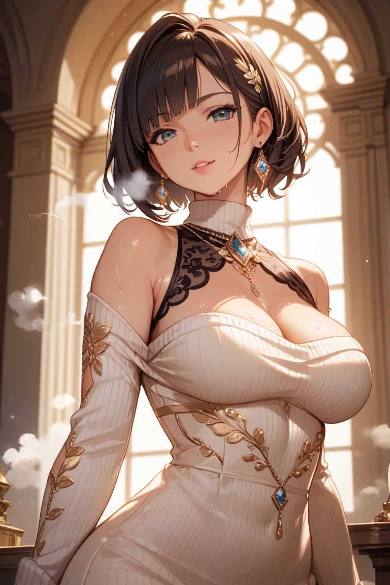 Goddess,   glowing irredesent skin. very short hairstyle. huge soft breasts.  massive wide hips. choker. mini dress. 