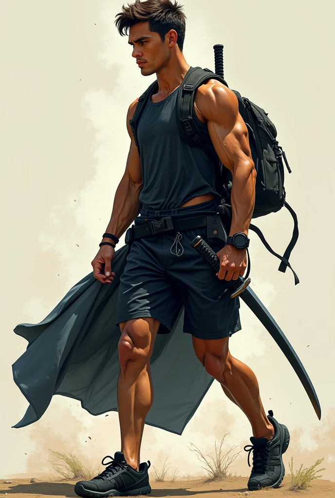 watercolors soft colors palette , simetryc composition, ultradetailed art style, oil painting, fullbody, perfect compositicion, perfect anatomy, wearing small litle shorts, dramatic, natural lighting, a young gorgeous, handsome, tall, perfect feet, latino , detailed realistic muscles, simetryc body, he is walking and holding a sword , carring a multicolor back bag, in a downtown and jungle mix scenario