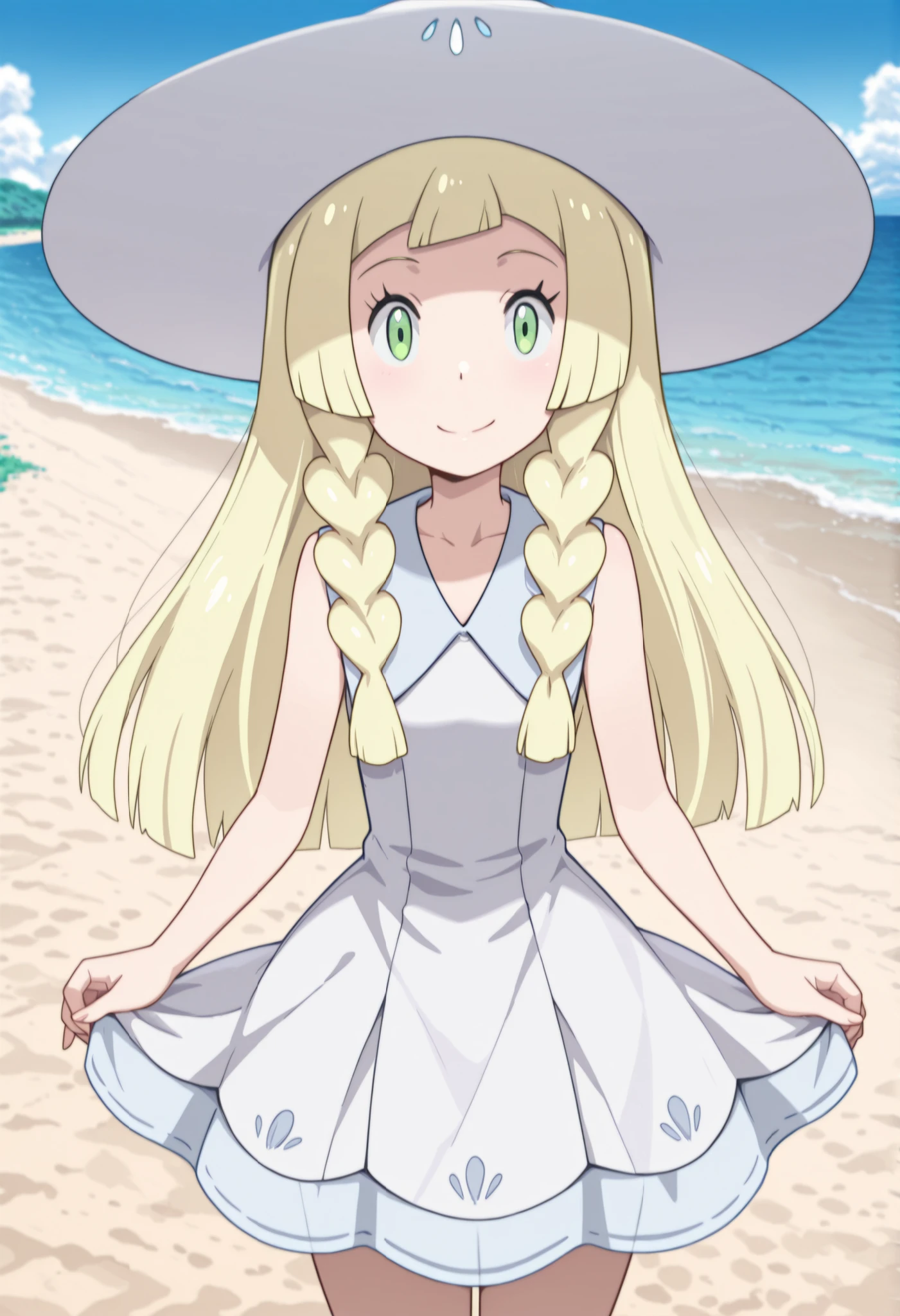 masterpiece, best quality, absurdres, highres, 1girl, solo,Lilie, blonde_hair, long_hair, green_eyes, twin braids, white dress, hat, standing, cowboy shot, smiling, on beach, clear day, front view, 