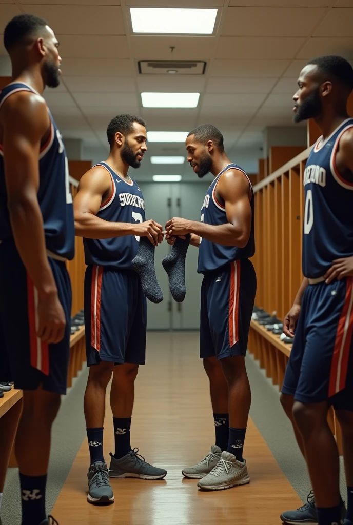 Giant shirtless African American Hairy muscular sweaty football player jock in a crowded locker room with bulging teammates changing out of jock straps