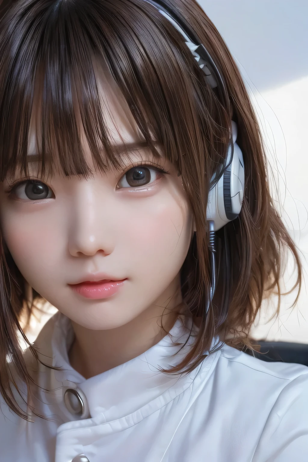 (masterpiece、Best Quality、 super detailed description、Ultra High Definition)、(face shot close-up)、girl、solo、(slender、small chest)、cute、idol faces、(Front Close)、(professional lighting and shadows、silhouette:1.33)、Pure white suit、headphones