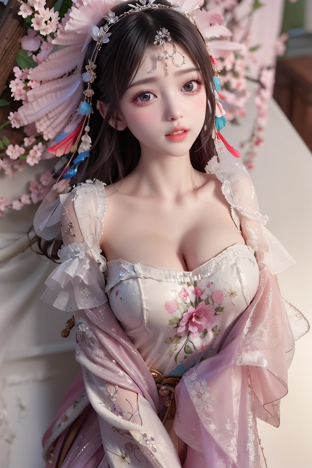 (8k, RAW photo:1.2), best quality, ultra high res,dramatic angle,(fluttered detailed color splashs), (illustration),(((1 girl))),(long hair),(rain:0.9), (Headdress:1.4),There is an ancient palace beside the girl,Hanfu,(Key Points),Color ink painting,(Splash of Color),Splash of Color,(((colorful))),(sketch:0.8) , Masterpiece, best quality, beautiful painted, highly detailed,(denoising:0.6),[splash ink],((ink refraction)), (beautiful detailed sky),moon,highly,detaild,(masterpiece, best quality, extremely detailed） CG Unity 8k Wallpaper，masterpiece，best quality，Ultra Detailed），（Lycoris）. hanfu open v open V-chested clothes Thin silk lace dress , (huge ，cleavage),, white pink and gren，best qualtiy，tmasterpiece，Ultra-high resolution，（Reality：1.4），RAW photogr，（True skin texture：1.3），（filmgrain：1.3），（Selfie angle），1个Giant Breast Girl，Beautiful eye and face details，tmasterpiece，Best quality at best，，The chest more exposed， detailed hair, bra green and pink white , detail 8k, upper body, lace petticoat