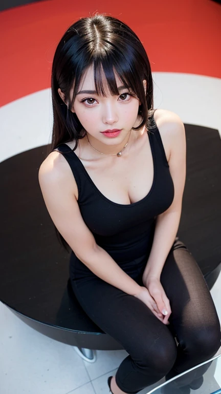 works as a manager in the dark, in the dim office, ((standing and showing off pubic hair, focus on pubic hair)), wide spread legs, blouse, id card, squatting, hair up, floor, ceiling, sneakers