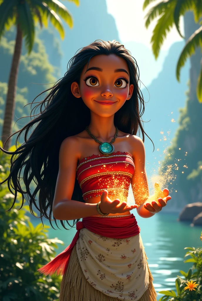 Dawn, long black hair,ponytail, green eyes,necklace, green dress, sleeveless, blue leggings, looking at viewer, smiling, happy, teeth, standing, waving, outside, jungle, waterfall, natural lighting, high quality, masterpiece, <lora:Dawn:.8>