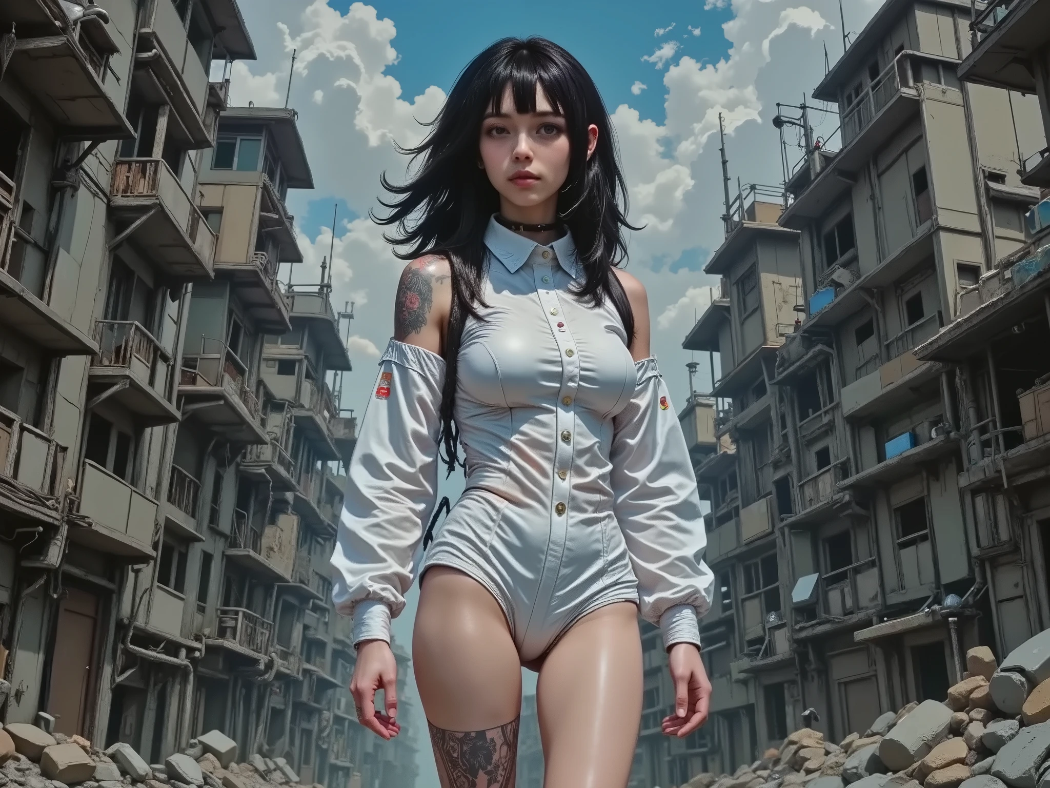 (Best Quality,4K,8k,high resolution,masterpiece:1.2),(detailed details、realistic accurate depiction:1.4), (((masterpiece, illustrations, 18 year old beautiful girl, long hair、round beautiful tight waist、wide hips、white swimsuit、accessories、dynamic angle, Mysterious Town, ruined city、Standing dazed、Wandering around the city)))