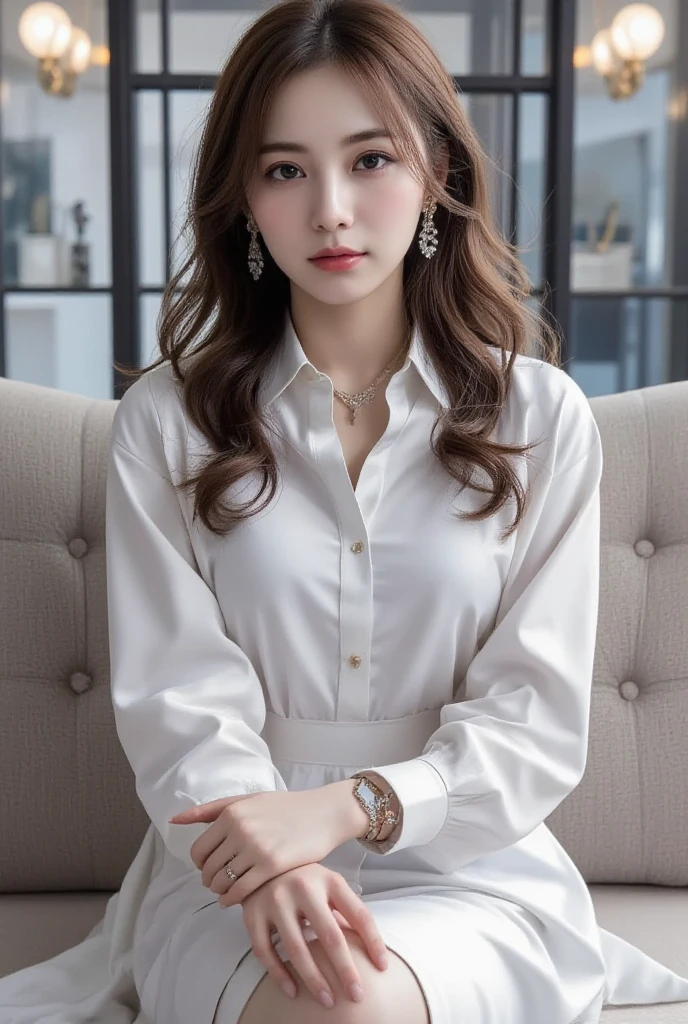 masterpiece, highest quality, Realistic, Super detailed, In detail, High resolution, 8k wallpaper, 1. Beautiful Women, Light brown hair, Sharp focus, Perfect dynamic composition, Beautiful fine details, Fine hair, Detailed and realistic skin texture, smile, Portraiture, Model Body Type,white long sleeve button up blouse_brown pleated mini skirt、full body portrait、From an oblique angle above、Long straight hair_Hair reaching down to the waist、Place your left hand gently on your chin、Sits on a bar chair by the counter in a seductive pose in a stylish bar at night