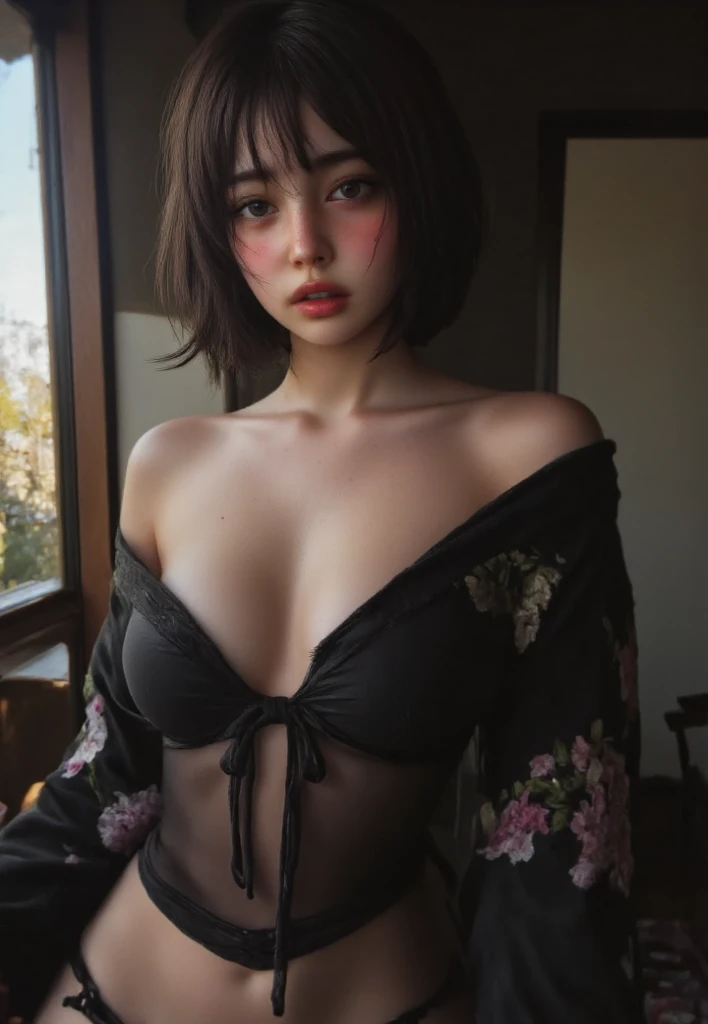 ((best quality)), ((masterpiece)), (detailed), Attractive model, 21 years old, girl next door, short brunette mid-length bob, bright blue eyes, freckles on her face, flawless pale skin, thin waist, sitting in a chair, wearing a black and purple patterned silk bathrobe, front slightly open, long legs, ((small breasts, cleavage)), ((((open legs 1.8)), masterpiece, best quality, photorealistic, UHD