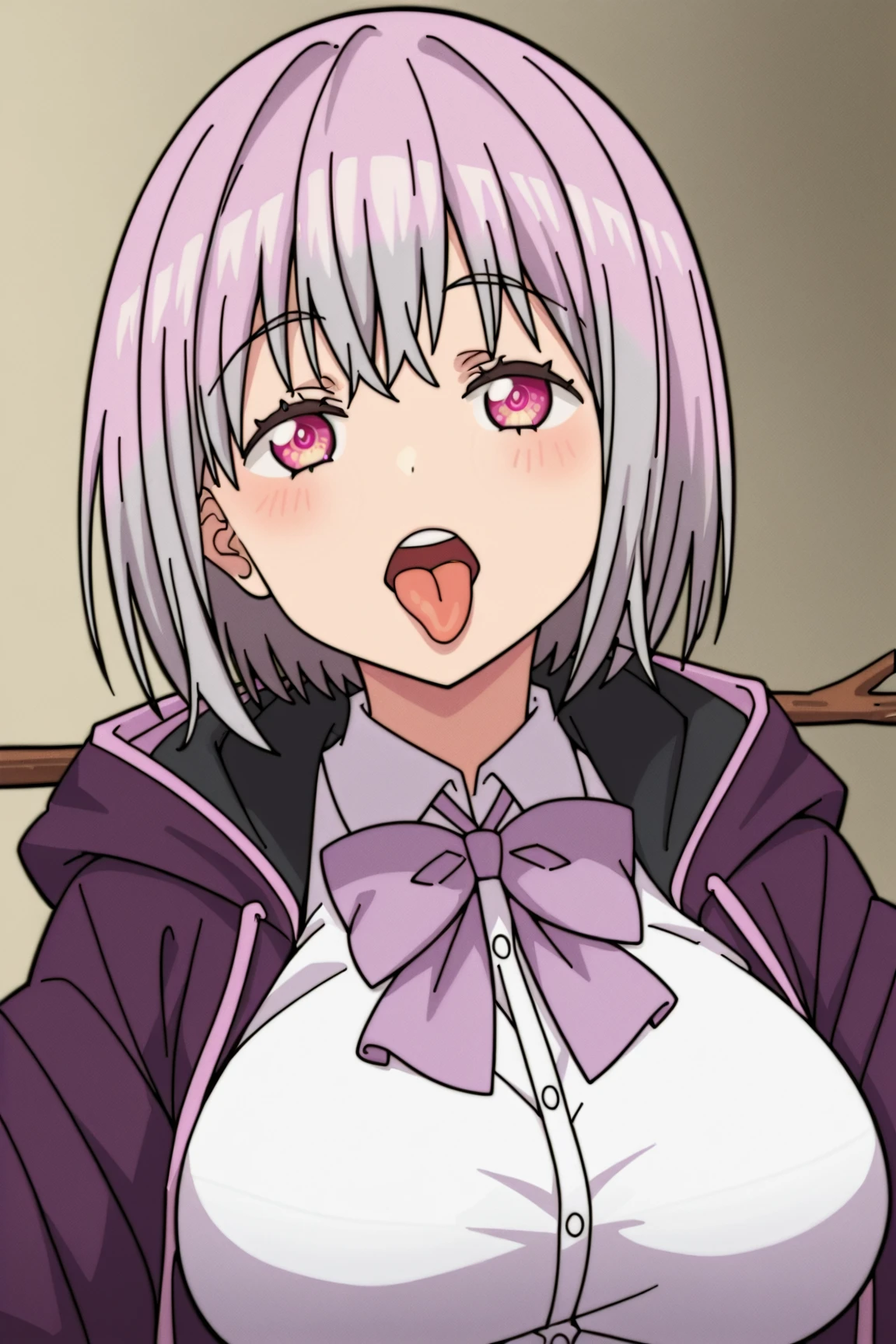 Score_9, Score_8_up, Score_7_up, Score_6_up, Score_5_up, Score_4_up, source_anime, anime style, anime screencap, 1girl, midori fuse, long hair, ribbon, purple eyes, hair ribbon, white hair, white cat ears, , happy, cum iouth, close up