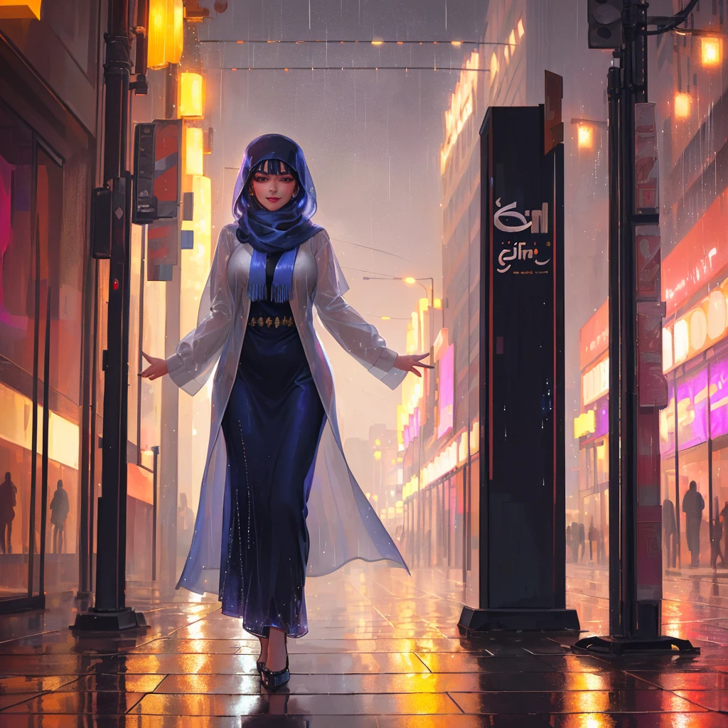 Best Quality, Masterpiece, Ultra High Resolution, ultra detailed object, detailed background, (Realisticity: 1.4), Full Body, Original Photo, Rainy Season, (Rain:1.2), Drama film light, Drama film contrast, 1Girl, Teen, long sleeves, button shirt, long skirt, Film Lighting, beauty, hijab, small boob, on the streets, after school, detailed body textured, oily, wet shirt, arms up, hand cover head from rain, rainy days, ((sad)), blushing,