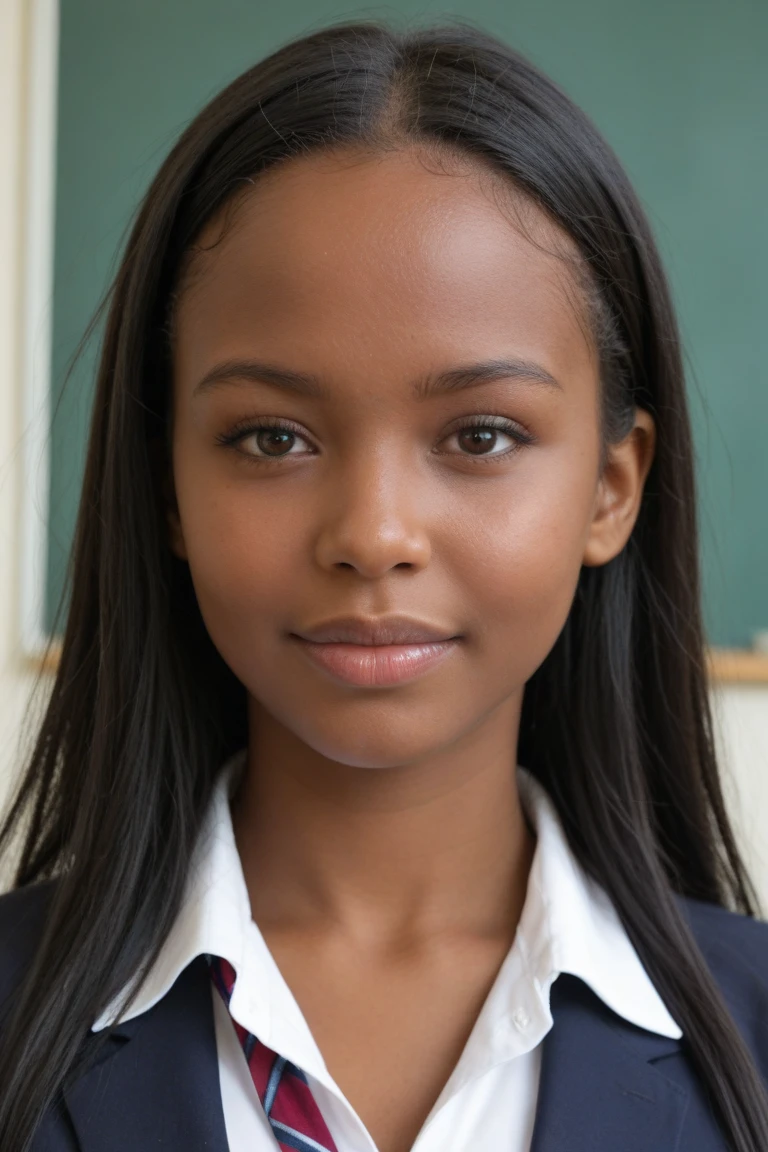 Teenage girl with dark skin and long black hair. big tooths, humor. eyes browns, thick eyebrow, fine nose. commoner clothes. Daggers on the belt.