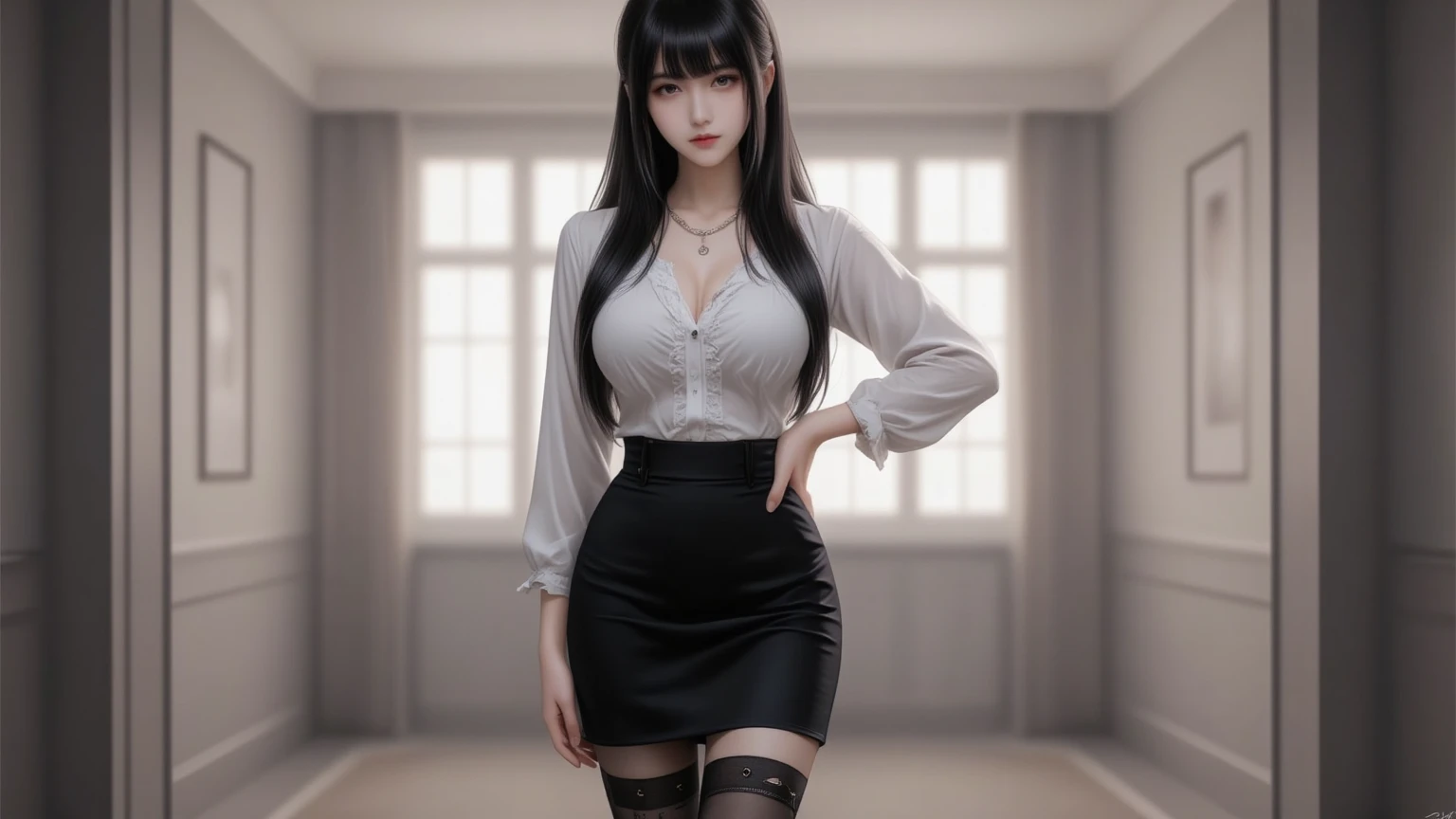 art by guweiz Bookstore Receptionist, in tight white blouse and black miniskirt,