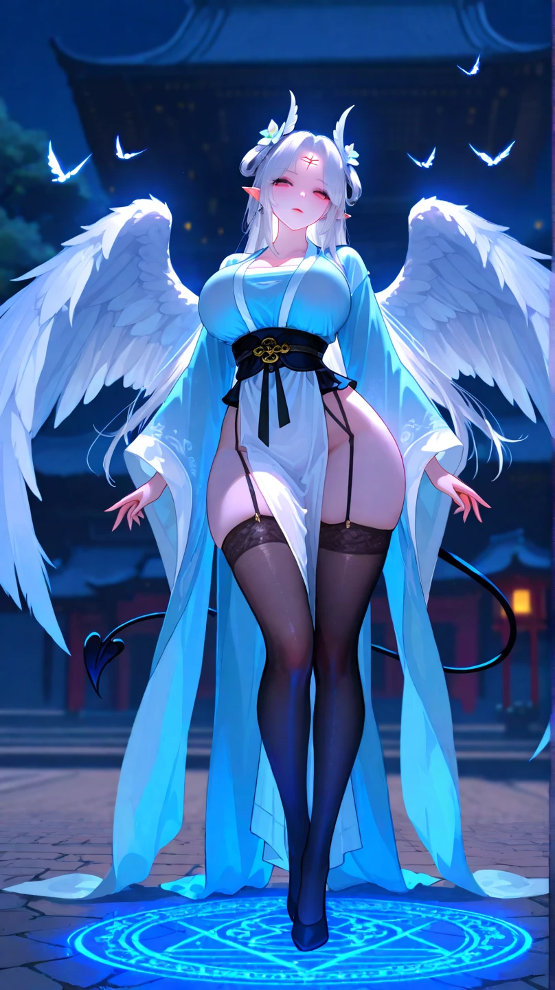 A beautiful girl with cat ears, long white hair, and a furry cat tail, red eyes, wearing white kimono with red flowers details, slender figure with large breasts, (best quality,4k,8k,highres,masterpiece:1.2),ultra-detailed,(realistic,photorealistic,photo-realistic:1.37),detailed eyes,detailed lips,extremely detailed face,long eyelashes,fantasy,magical,digital painting,concept art,vibrant colors,dramatic lighting,highly detailed, full body image