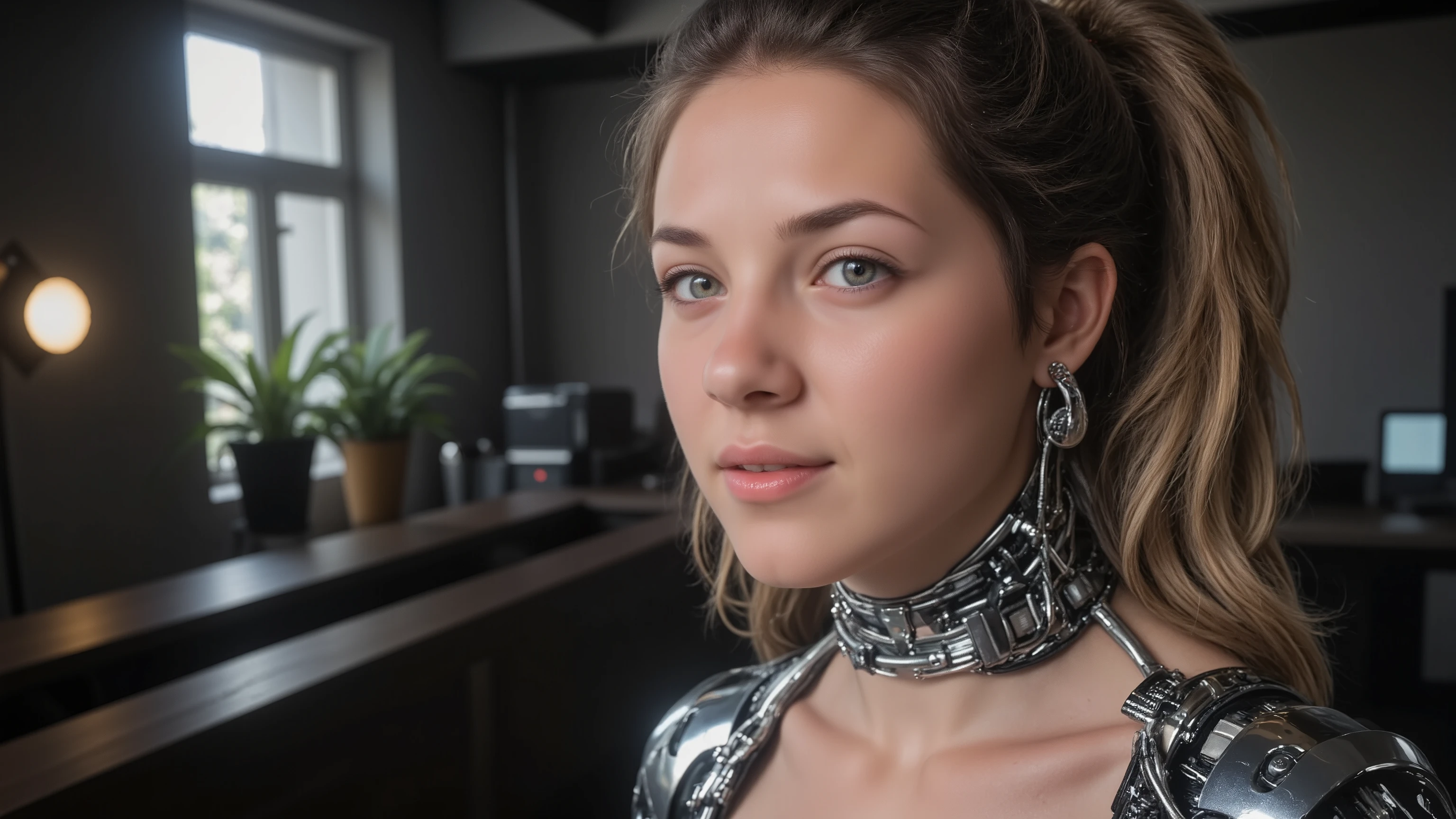 full body photo, young woman, chest, porcelain face, cyborg, robotic parts, 150 mm, beautiful studio soft light, rim light, vibrant details, cyberpunk, hyperrealistic, anatomical, facial muscles, cable electric wires, microchip, H. R. Giger style, extremely detailed, highly detailed skin with skin pores, highly detailed face and hands, highly detailed eyes and lips, perfect face, perfect lips, perfect hands, amazing, finely details, ray tracing, UHD, HDR, 16k, photorealistic, masterpiece, award winning