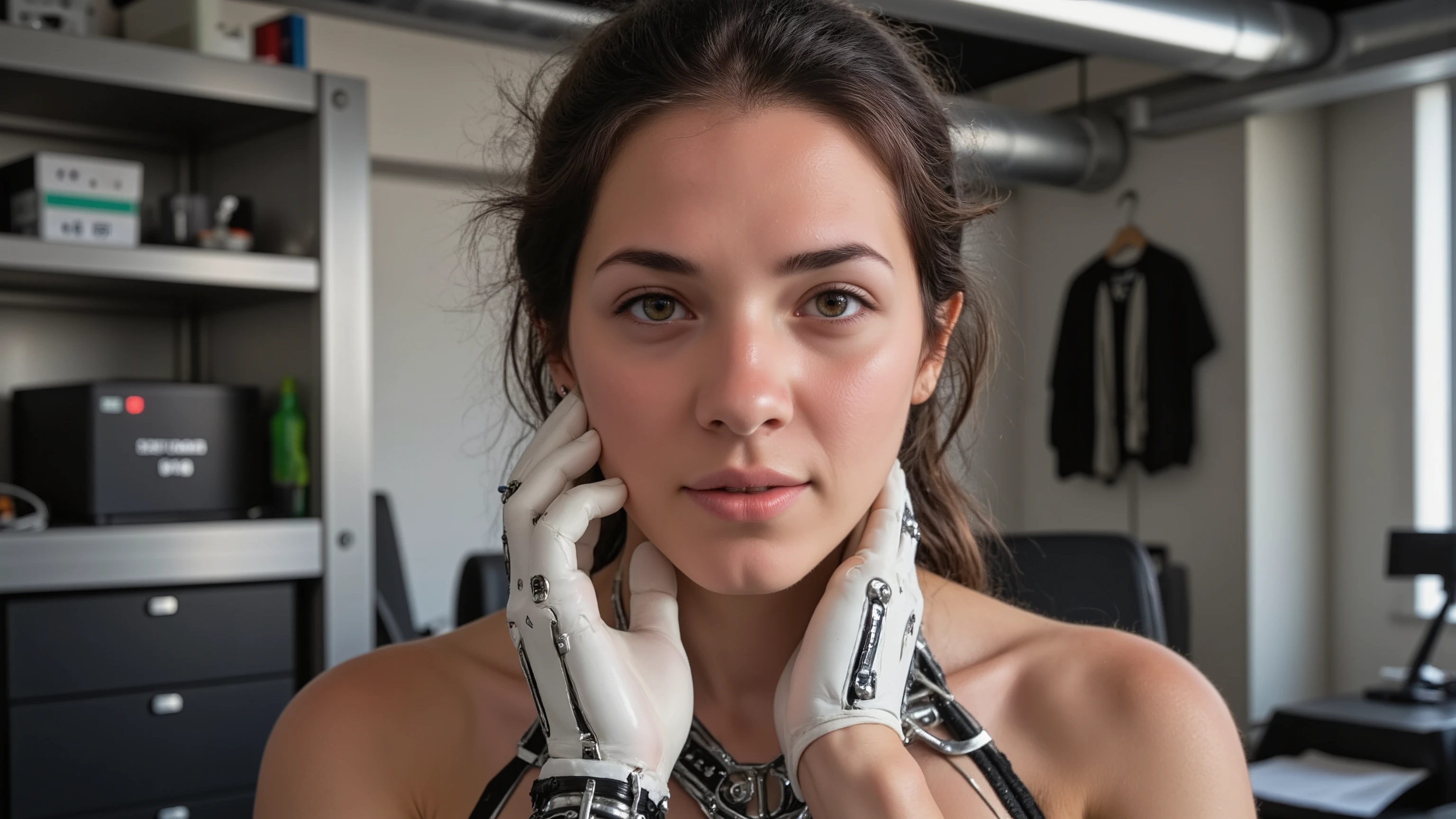 full body photo, young woman, chest, porcelain face, cyborg, robotic parts, 150 mm, beautiful studio soft light, rim light, vibrant details, cyberpunk, hyperrealistic, anatomical, facial muscles, cable electric wires, microchip, H. R. Giger style, extremely detailed, highly detailed skin with skin pores, highly detailed face and hands, highly detailed eyes and lips, perfect face, perfect lips, perfect hands, amazing, finely details, ray tracing, UHD, HDR, 16k, photorealistic, masterpiece, award winning