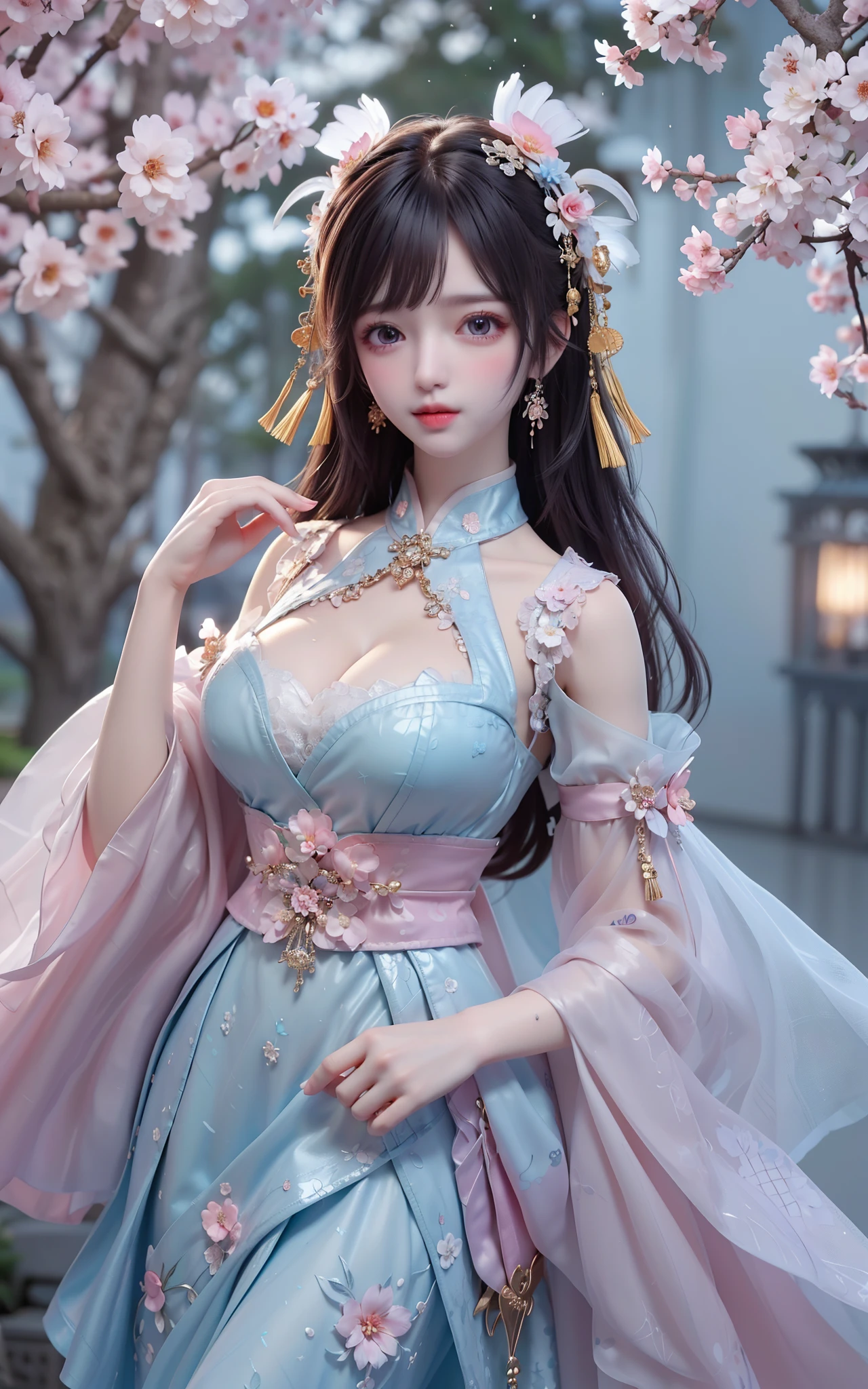 (8k, RAW photo:1.2), best quality, ultra high res,dramatic angle,(fluttered detailed color splashs), (illustration),(((1 girl))),(long hair),(rain:0.9), (Headdress:1.4),There is an ancient palace beside the girl,Hanfu,(Key Points),Color ink painting,(Splash of Color),Splash of Color,(((colorful))),(sketch:0.8) , Masterpiece, best quality, beautiful painted, highly detailed,(denoising:0.6),[splash ink],((ink refraction)), (beautiful detailed sky),moon,highly,detaild,(masterpiece, best quality, extremely detailed） CG Unity 8k Wallpaper，masterpiece，best quality，Ultra Detailed），（Lycoris）. hanfu open v open V-chested clothes Thin silk lace dress , (huge ，cleavage),, white pink and gren，best qualtiy，tmasterpiece，Ultra-high resolution，（Reality：1.4），RAW photogr，（True skin texture：1.3），（filmgrain：1.3），（Selfie angle），1个Giant Breast Girl，Beautiful eye and face details，tmasterpiece，Best quality at best，，The chest more exposed， detailed hair, bra green , detail 8k, upper body, lace petticoat