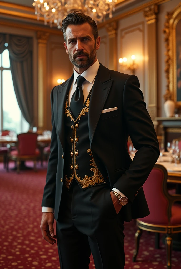 "((photorealism, high quality, detailing)), ((half of the body)) Strong man, Male appearance, Majestic magician-alchemist, short dark hair, A European view, modernity, 21st century, Stylish black suit, long black cloak, magical atmosphere".