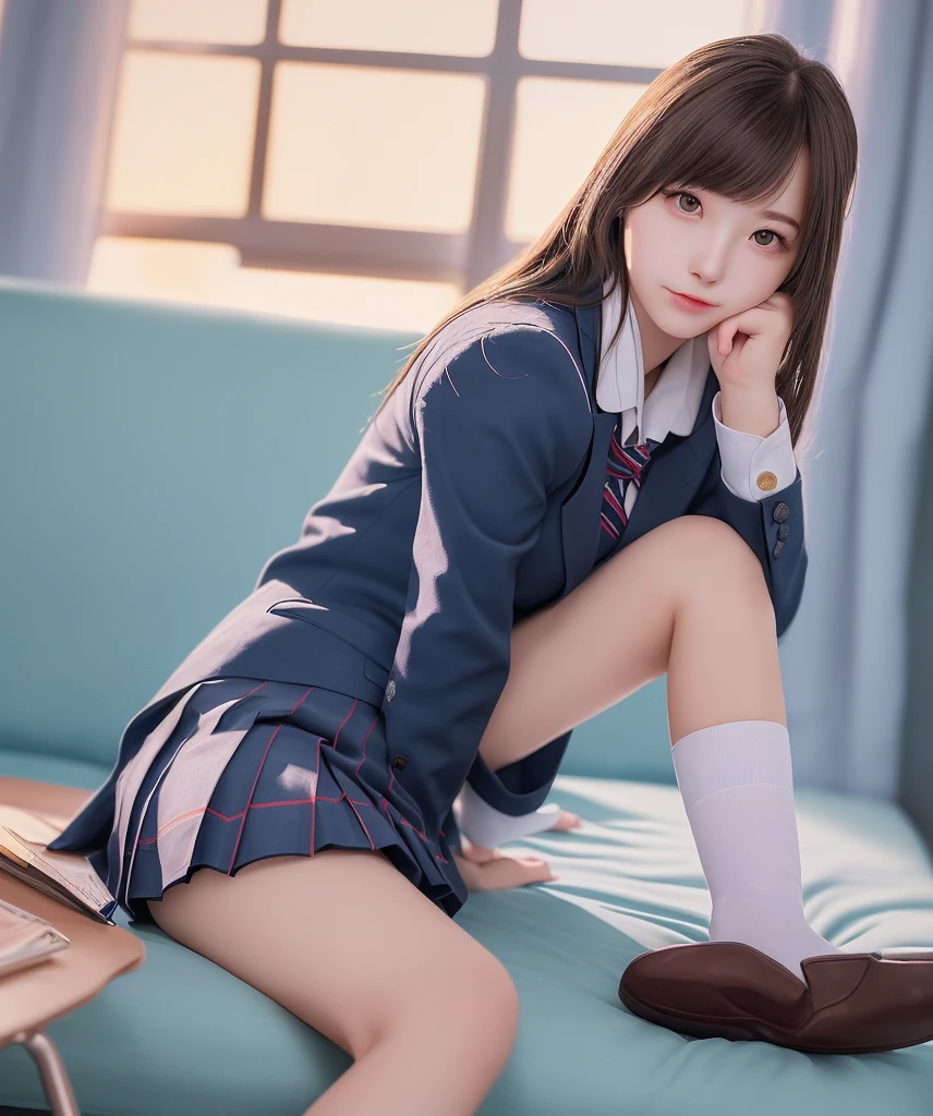 ulzzang-6500-v1.1, (raw photo:1.2), (photorealistic:1.4), beautiful detailed girl, very detailed eyes and face, beautiful detailed eyes, ridiculous, incredibly ridiculous, huge file size, super detailed, high resolution, very detailed, best quality, masterpiece, kemomimi, ((Japanese girls' high school uniform)), illustration, very detailed, CG, unified, 8k wallpaper, amazing, Fine details, masterpiece, best quality, very detailed CG uniform 8k wallpaper, light on face, cinematic lighting, 1girl, 16 years old, ((no panties)), ((dynamic pose))), (camel toe), (half), (pantyhose), (knee-bending leg sitting))
