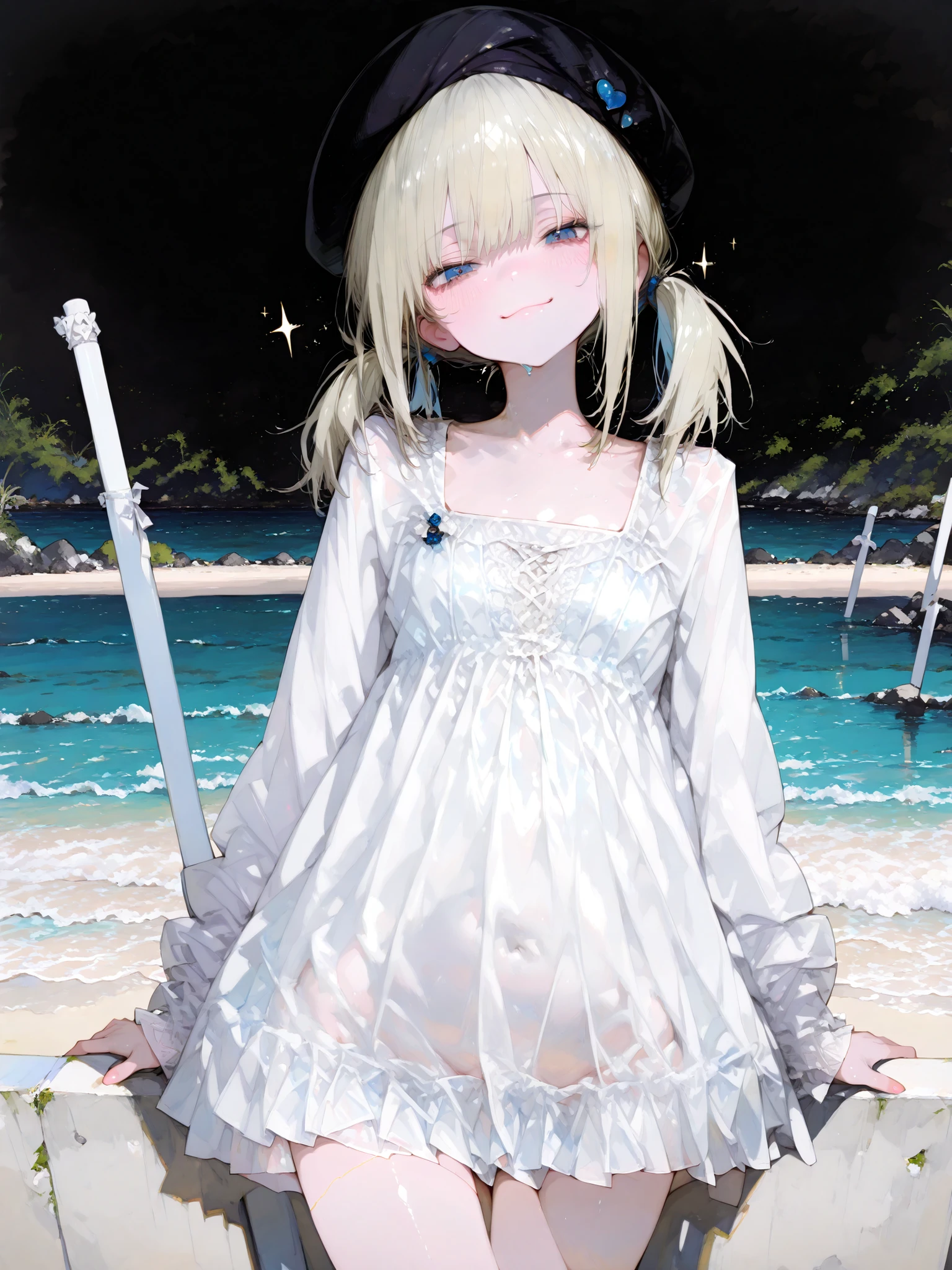 super fine illustration,platinum blonde hair color,, Long bob cut hairstyle,blue eyes, Pleated miniskirt,cute girl the secondary school anime style,shy smile on your face,
,Solo Female ,(( wear a cheek stick)), , Black Beret,Costume , ((white formal dress )),, (( twin tails))、
break,Thick 、 simple background、 (shy expression、Laugh with your mouth open, moist eyes)、 fleeting feelings ,Stand up,
break,seaside,Walking along the beach,
Pin up Girl, perfect fingers,looking towards the viewer,watching here, (oily skin), Shiny Skin、Touch the groin, (8k, RAW photo, Best Quality, masterpiece:1.2), (Professional Photos, full color, studio level color grading ), (high end fashion magazine gravure quality),
( 超high definition , masterpiece, anatomically accurate, textured skin, Super Detail, top quality, 16k, cinematic lighting, bloom, perfect dynamic composition),
(high definitionのmasterpiece, 超high definition , high detail, high definitionモデル, Best Quality:1.2),
((masterpiece: 1.3、top quality、 Super Detailな、high definition, photorealistic looking happy)),