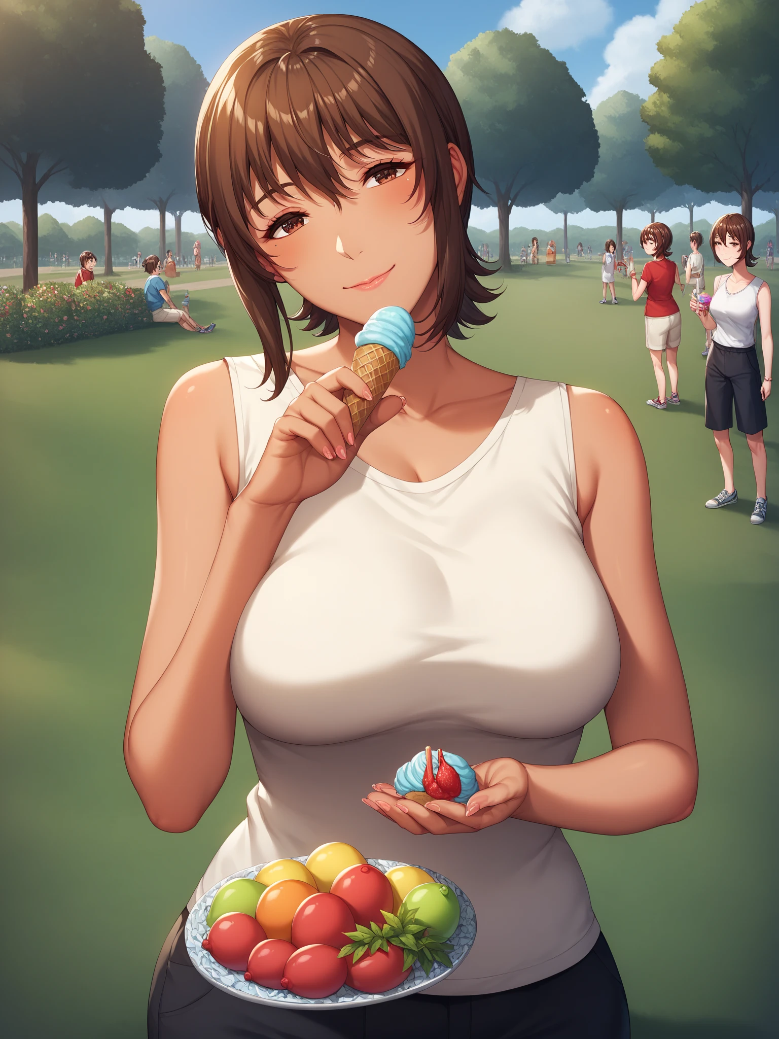 a beautiful and detailed character portrait of ochako, brown hair, , pantyhose, green skirt,grey coat, tie, , smile, trees, bushes,solo, cinematic lighting, shaded, sit, park, sex, penis in mouth, blowjob ((solo bikini trasparente)) ((*comiendo un helado blanco metiendolo en su boca y toda en parada de helado*)) *con la boca alta*