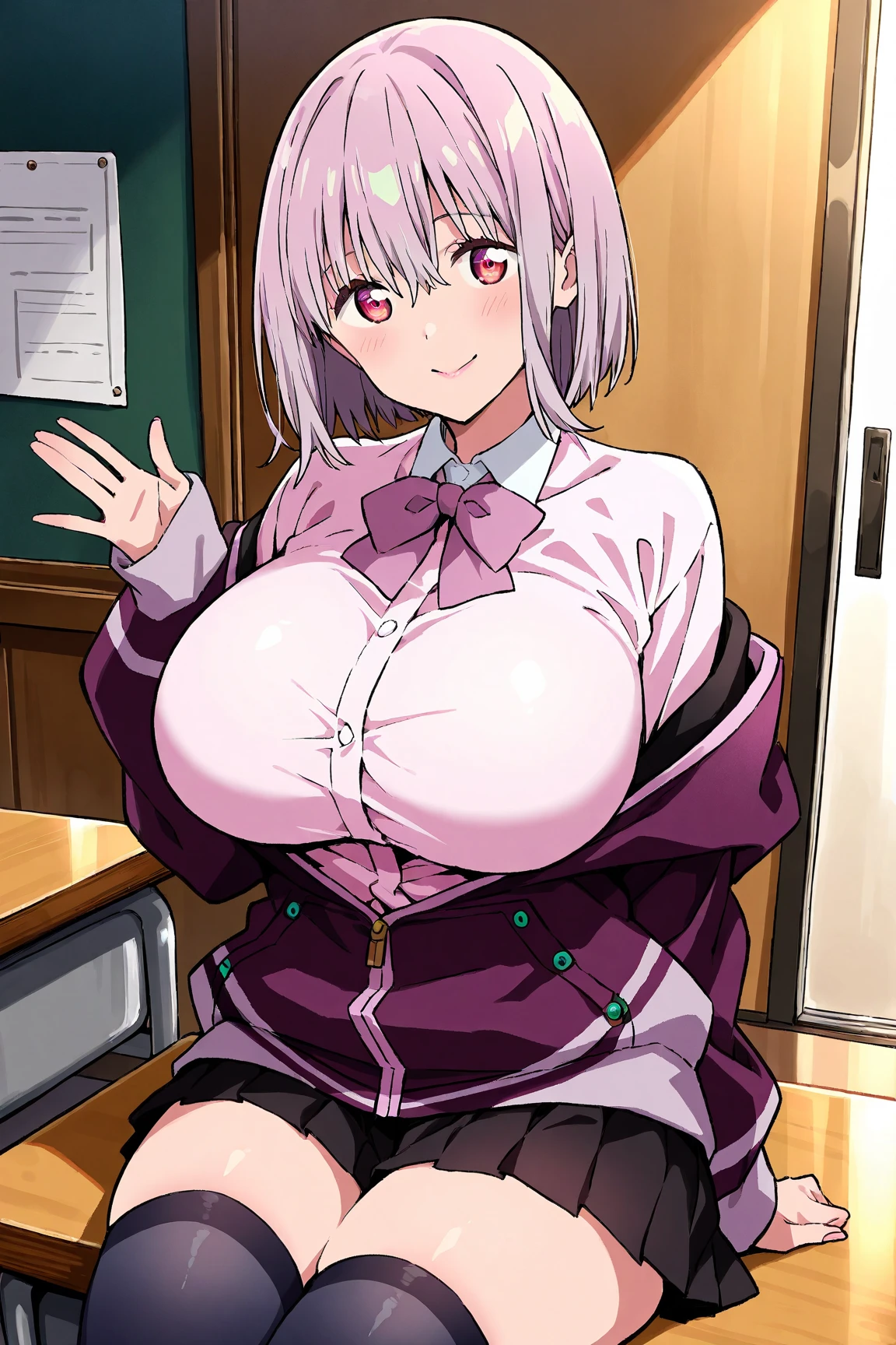 ((Best quality, 8k, Masterpiece :1.3)), (realistic, photorealistic:1.4)lightand shade contrast, Ray tracing and flare effects, Best texture, akaneshinjou, shinjou akane, light purple hair, (pink eyes:1.2), short hair,
BREAK indoors, city,
BREAK looking at viewer, BREAK (masterpiece:1.2), best quality, high resolution, unity 8k wallpaper, (illustration:0.8), (beautiful detailed eyes:1.6), extremely detailed face, perfect lighting, extremely detailed CG, (perfect hands, perfect anatomy),
Black Turtleneck Sweater,White pencil skirt,((heavy breasts:1.3)),Pill glasses,red blush,a smile,full bodyesbian