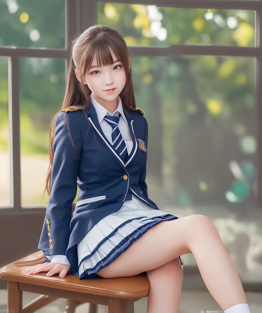 (Girl Standing On School Steps),1 girl, dark blue hair, bangs, long hair, sparkling eyes, long eyelashes, compensate, light smile, Depth of written boundary, one person'perspective, close, from below, wide angle, f/1.8, 135mm, canon, nffsw, retina, table top, Accurate, anatomically correct, rough skin, Super detailed, advanced details, high quality, 最high quality, High resolution, 1080P, 4K, 8K,(学校の階段を上るFemale student),46ポイントの斜めbangs,Female student、((uniform: White blazer with emblem on the chest))、translucent white blouse、(red bow tie)、(( In bright colors,Check stripe)()、laughter,((Skirt soars in the wind)),((White lace panties are visible))、