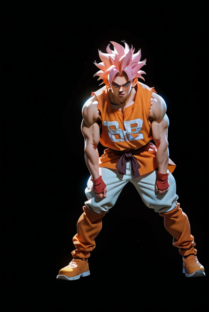 Vibrant, dynamic anime-style illustration featuring a muscular character Gohan with spiky pink hair, standing in a powerful pose. The character has a determined expression, with clenched fists and a strong stance. He is dressed in a white scarf, purple pants, and brown boots, with blue wristbands. The background is a mix of dark and bright colors, with a glowing aura surrounding the character, adding to the intense atmosphere. The image includes a watermark with the text 'JPRINNIAO' in a stylized font, located at the center of the image. The overall composition is energetic and dramatic, emphasizing the character's strength and power. anime, anatomically correct, super detail, high quality, 4K