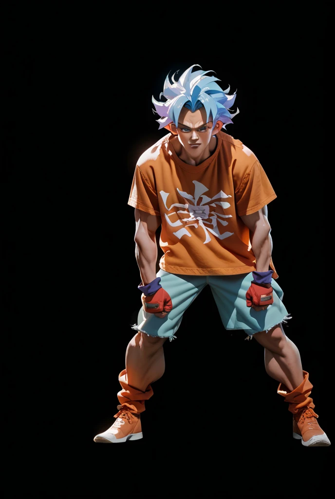 trunks, super saiyan, glowing energy(purple)(around body),exquisite long hair, arm depiction, purple hair , blue hair on lower arm, purple energy glowing, exquisite shoes, eye depiction, exquisite long hair, popmart blind box, clay texture, stepping on the land, black and white background, natural lighting, most good quality, super detail, 3D art, c4d, OC renderer, 3D rendering, 8k, in a cyberpunk city, neon lights, puddles reflecting like mirror