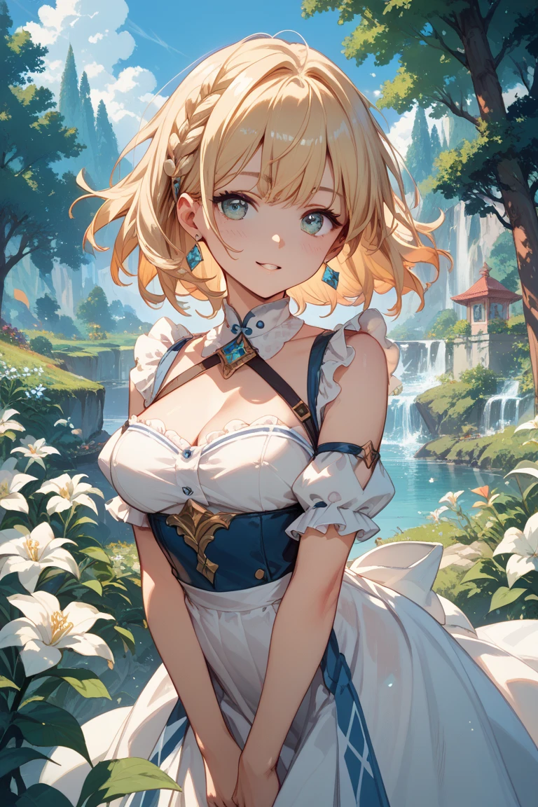 best quality, 4k, ((masterpiece)), extremely detailed, 8k, trending on ArtStation, Intricate, High Detail, Sharp focus, farm, day, sun, outdoors, anime coloring,
standing, (from front:1.2), (looking at viewer:1.2), (big breasts:1.2), skindentation, smile, 1girl, (solo:1.2),
tia, blonde hair, cleavage, white dress, bridal gauntlets, thighhighs, yellow eyes, short hair, bare shoulders, sleeveless dress, ribbon, toeless legwear, elbow gloves, hair ribbon, collarbone, blue ribbon, bangs