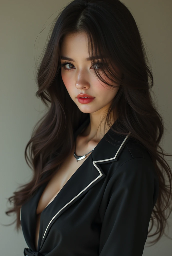 ((highest quality, 32k)), ((masterpiece)), (Familiar), Perfect Face, vixen, Pretty girl, Company Office, Has a tail, She has a northern fox tail., She stands up her fluffy tail, Dog collar, Beautiful hip line, Big Breasts, She wears a business suit, A big tail sticks out, Troubled face, Climb on all fours, Nice body