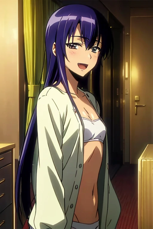 brown skin anime girl in a deep V-neck cami top, (jeans), (long hair), starving, (resting hands on the stomach), (hands on the stomach), (slim body)