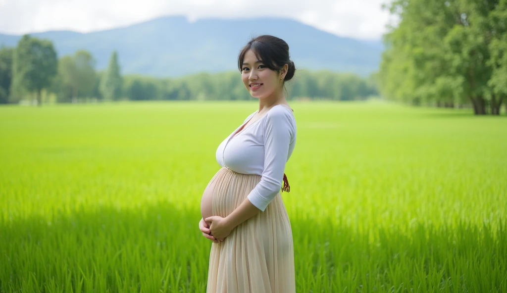 (highest quality、masterpiece、8k、best image quality、hyper realism、Award-winning work)、1 pregnant woman、(独奏:1.1)、(1 photo:1.1)、(Height: 140cm:1.1)、(low length:1.1)、(Lolita:1.1)、(Feminine and girly cute accessories:1.1)、(フェミニンでガーリーな可愛いLolita少女:1.1)、(Elegant pastel light blue T-shirt:1.1)、(Pastel light pink berry long flare skirt:1.1)、(late pregnancy:1.2)、Standing gracefully、(Random beautiful nature scenery background:1.1)、(Spectacular and mysterious scenery:1.1)、(beautiful clear sky:1.1)、(beautiful thunder clouds:1.1)、Full body photo of a woman standing gracefully with the biggest smile looking at me、accurate anatomy、perfect makeup、long eyelashes、glossy lips、Ultra high definition glossy skin、(Ultra-high definition bright and beautiful skin:1.1)、Ultra-high definition glossy lips、Super high definition beautiful teeth