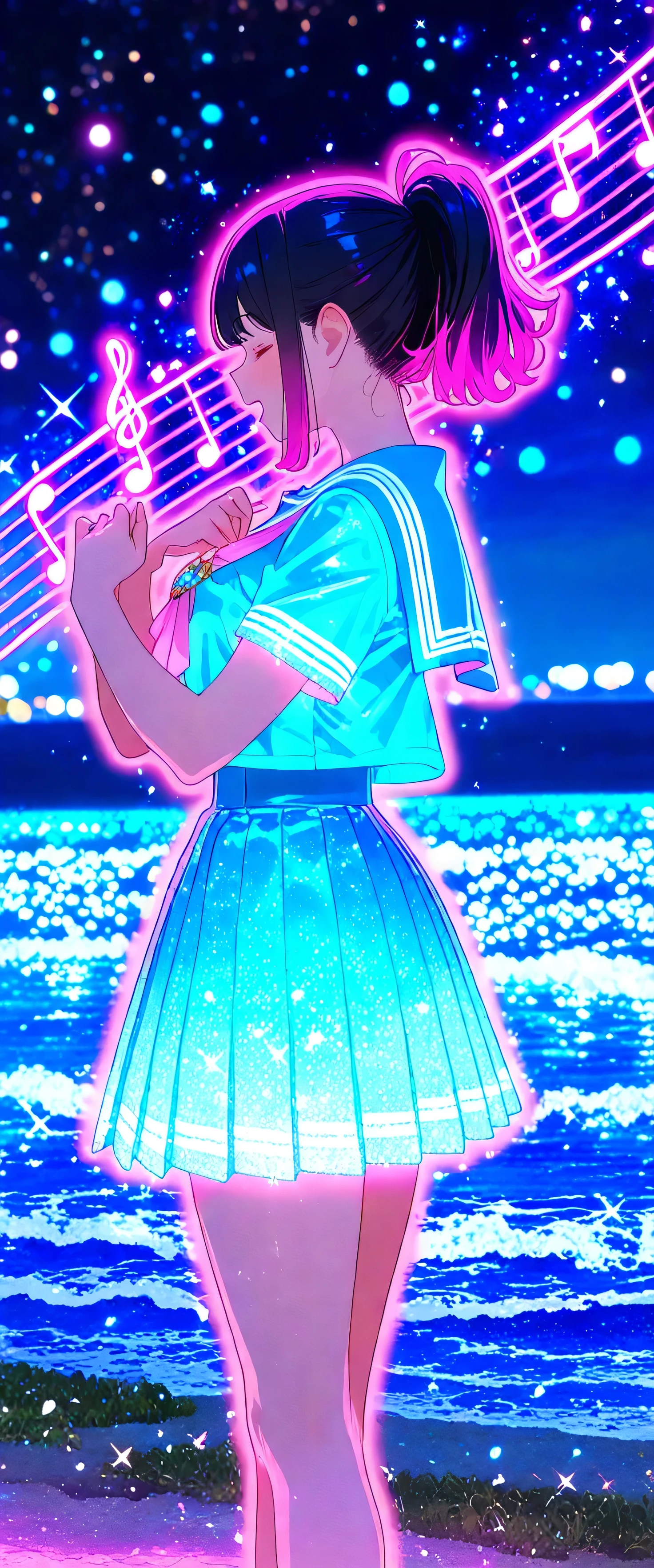 (beautiful girl: 1.3),1girl,masterpiece, Highest quality, Ultra-high resolution,rich contrast,super high quality,8k,Highly detailed CG unit wallpaper,texture,Incredibly absurd,Ultra-high resolution,RAW Photos,high school girl,(Blue and white sailor suit and pleated skirt:1.3),short sleeve,ponytail,Black hair,She is standing by her bike and looking out at the sea,night,Moonlit Ocean,Horizon,xss,seaside road,Glitter effect,0__11Xx_illu,Singing,((colorful)),(((Flying Music Note))),(glowing pink outline:1.3),(Circular Bokeh),