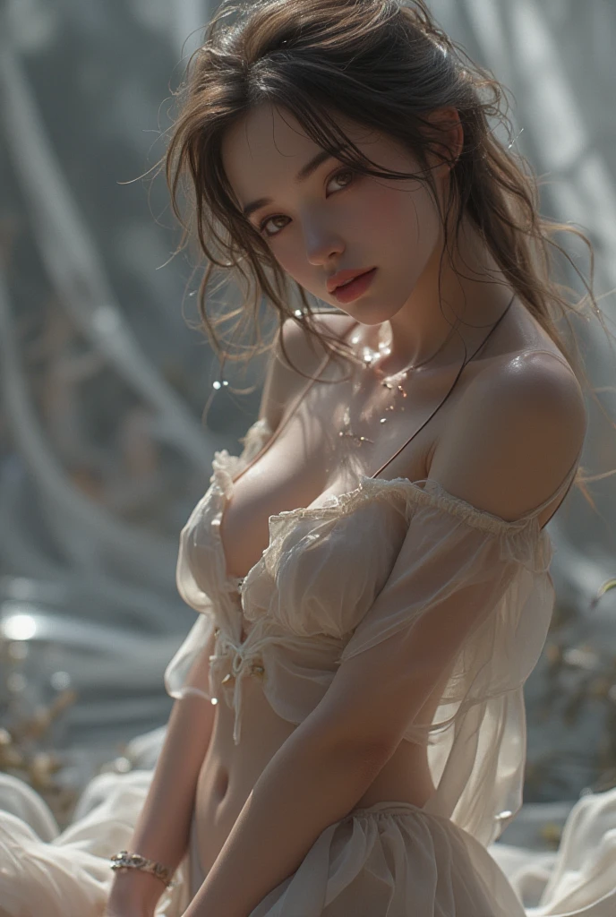 (best quality:1.33), (masterpiece:1.42), (realistic:1.24), (detailed:1.15), 1girl, wearing sext torn outfit made of leaves, dreamy, coming out of mud