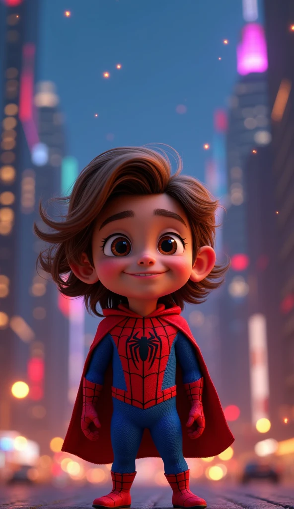 A child dressed as Spiderman, brown curly hair, boy, Disney pixar animations