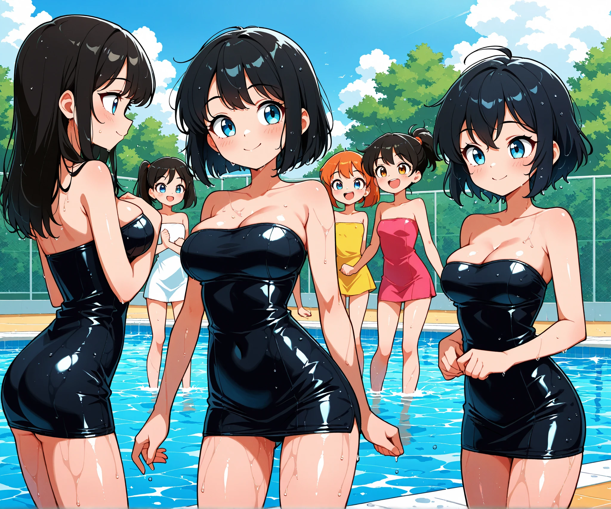 nsfw, KogaHaruka、Highest quality、group of school studens,School swimming pool、Wearing a white swimsuit、The swimsuit is wet and see-through、Embarrassed expression、Watery eye、People around you are looking at you in surprise、
