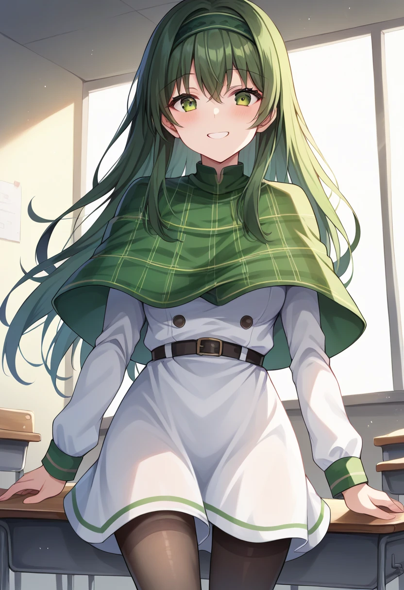 highest quality, one person,Tabletop, 超A high resolution, Ryu Lion, Green shorts, Green Boots, White shirt, Green Cape,Stewardess Maid